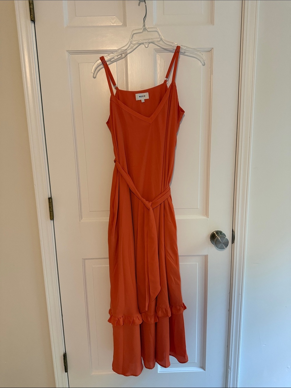 Orange V-Neck Sleeveless Maxi Dress with Ruffle Hem
